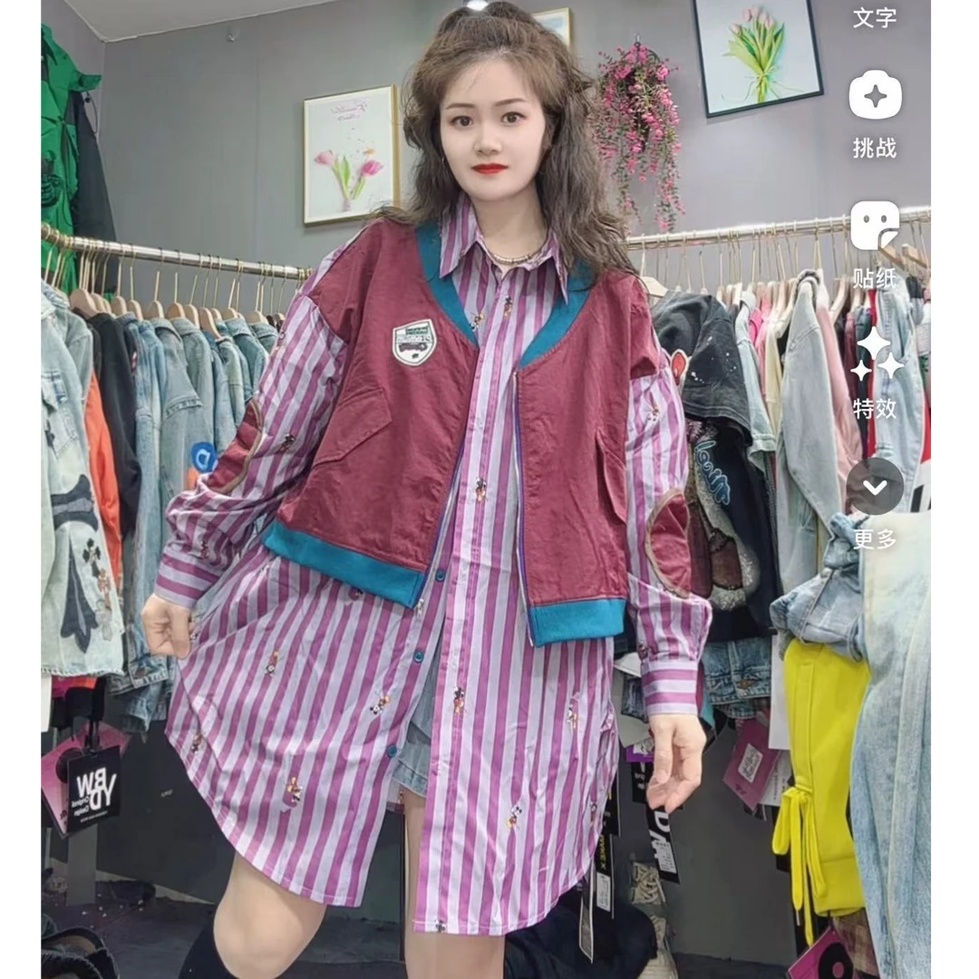 LY家9356#D.X 竖条纹拼接后背叮当猫布贴宽松休闲百搭长袖衬衫