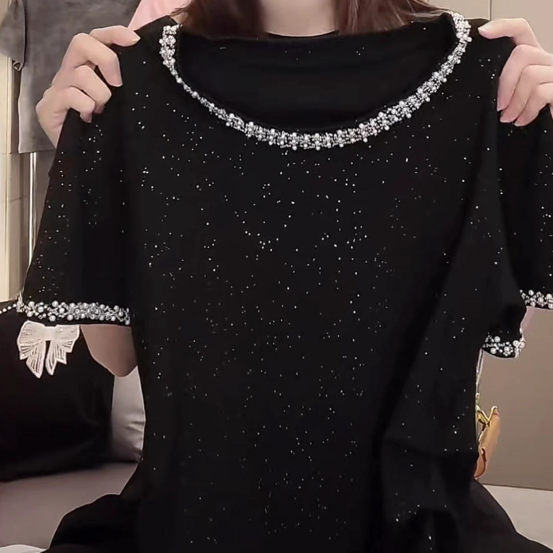 设计感时尚满天星短袖T恤女2025夏季新款重工收腰褶皱显瘦上衣