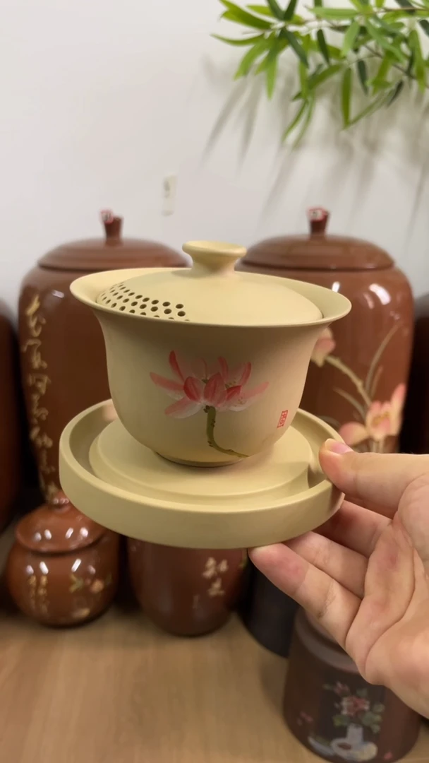 三*建水紫陶白泥三才盖碗