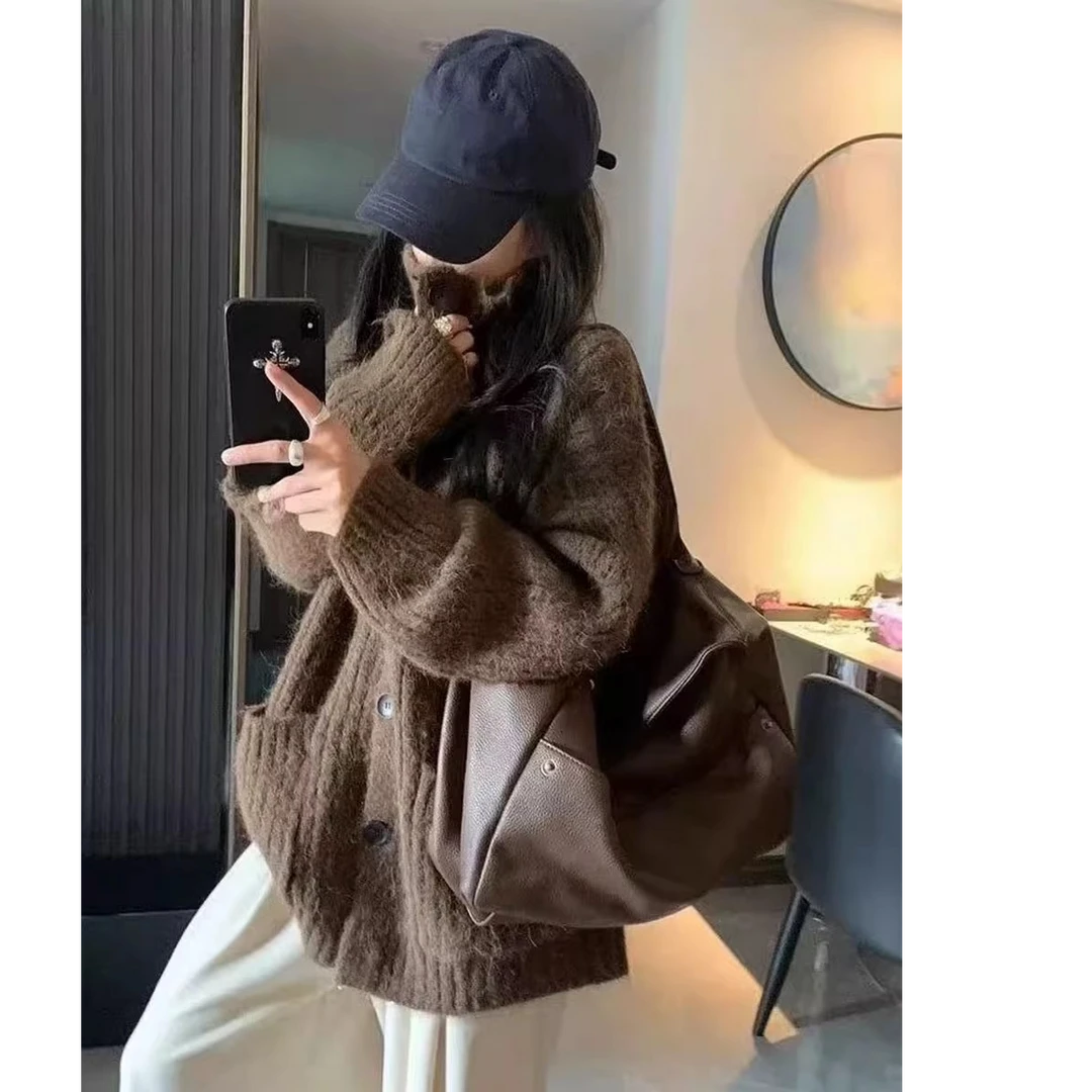 韩系氛围感穿搭高领毛衣开衫外套女秋冬慵懒高级感宽松加厚针织衫