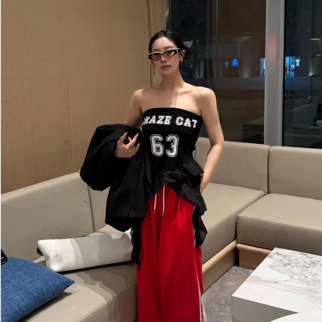 宠儿【2025春款韩版辣妹必备荷叶边显瘦数字抹胸背心】