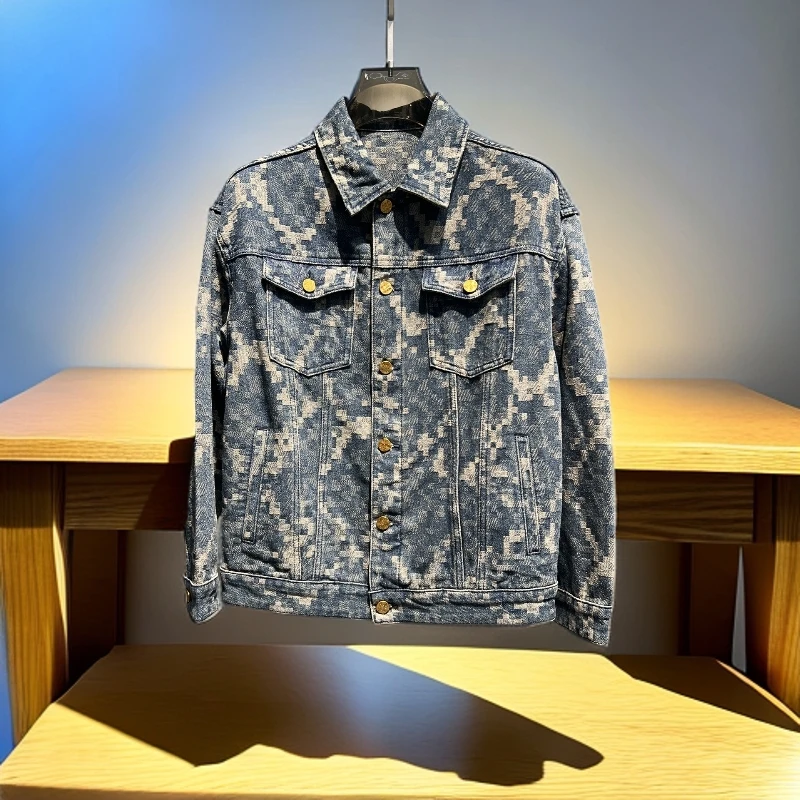维斯克纳秋季时尚马赛克印花网红牛仔外套男潮流修身牛仔衣夹克