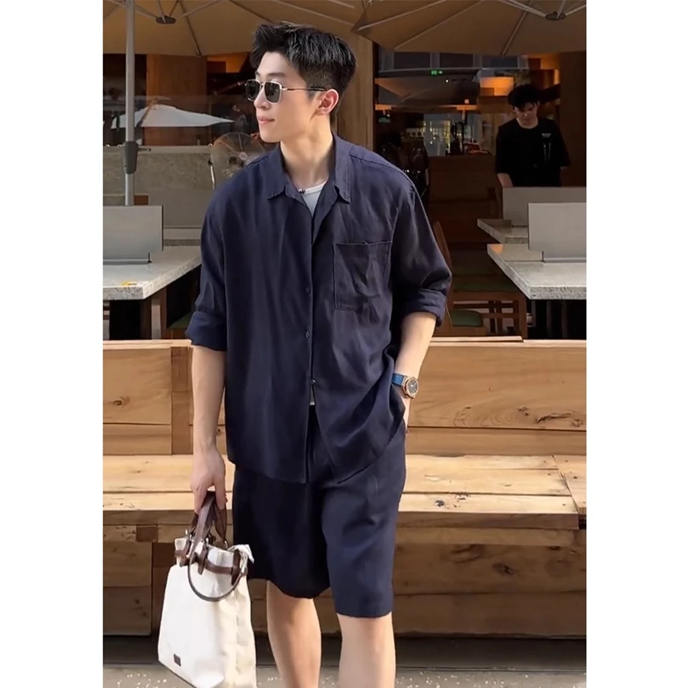 藏青色松弛感亚麻套装男款夏季老钱风防晒衬衫短裤痞帅穿搭一整套