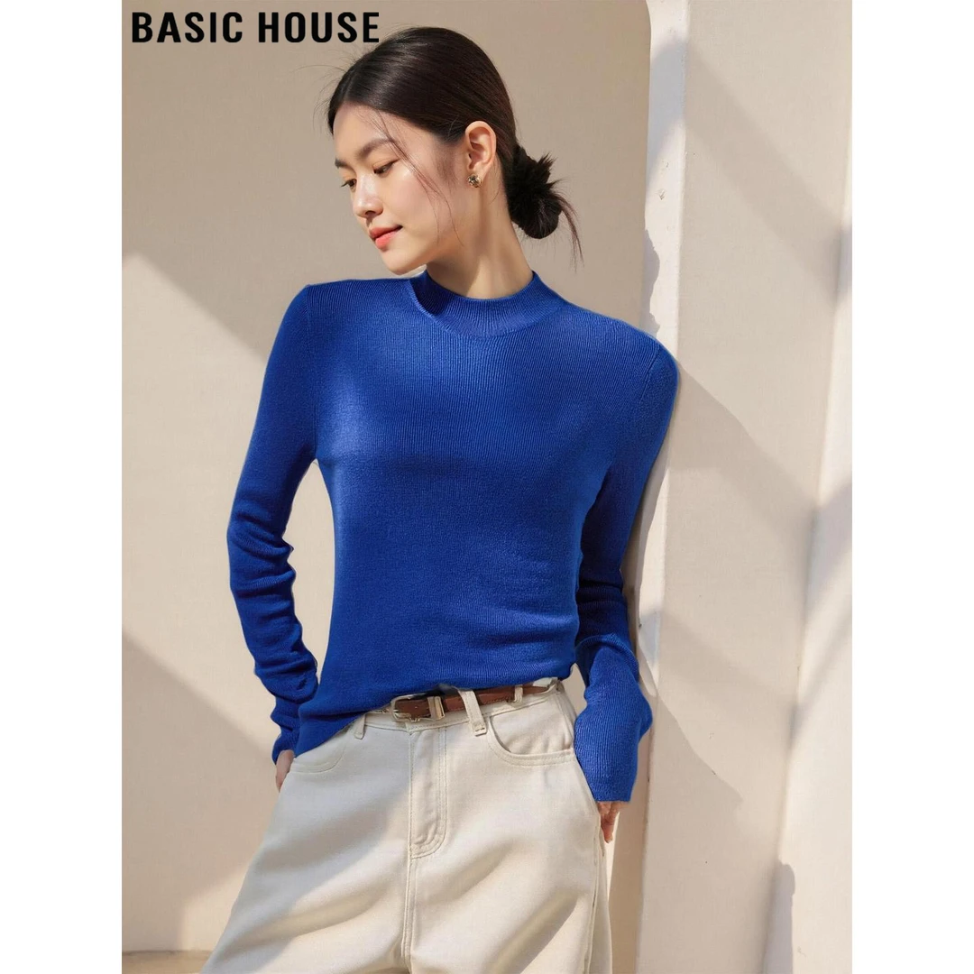 Basic House/百家好克莱因蓝半高领含羊毛针织衫女2025秋冬打底衫