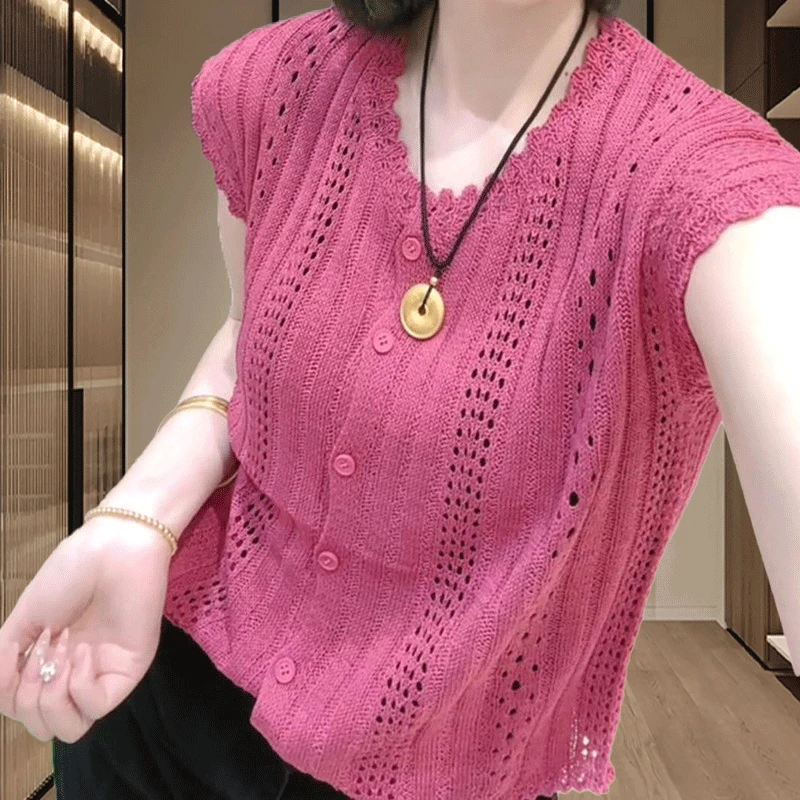 高级感慵懒风镂空短袖针织女装上衣2024夏季新款修身显瘦纯色小衫