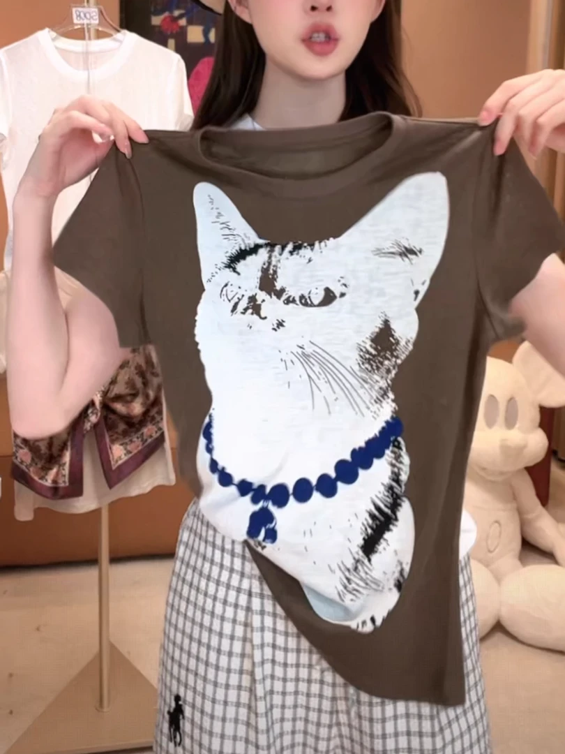 猫咪印花薄款天丝短袖T恤女2025夏季新款减龄休闲百搭显瘦上衣in