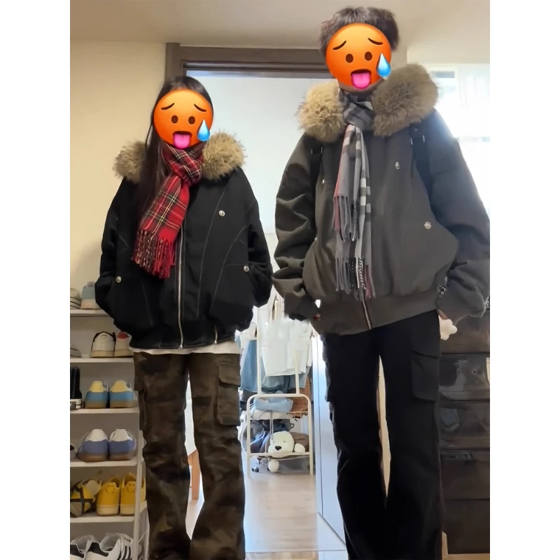 座山雕派克棉服男款秋冬美式短款加绒加厚外套高级感毛领工装夹克