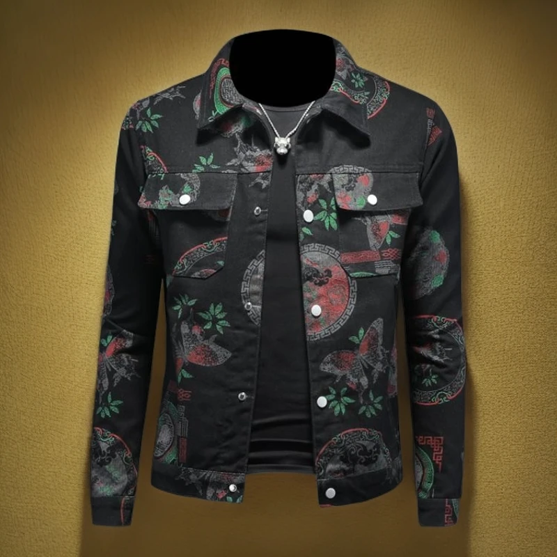 诺顿雷斯欧洲站男士春秋季潮牌修身翻领上衣韩版复古提花夹克外套