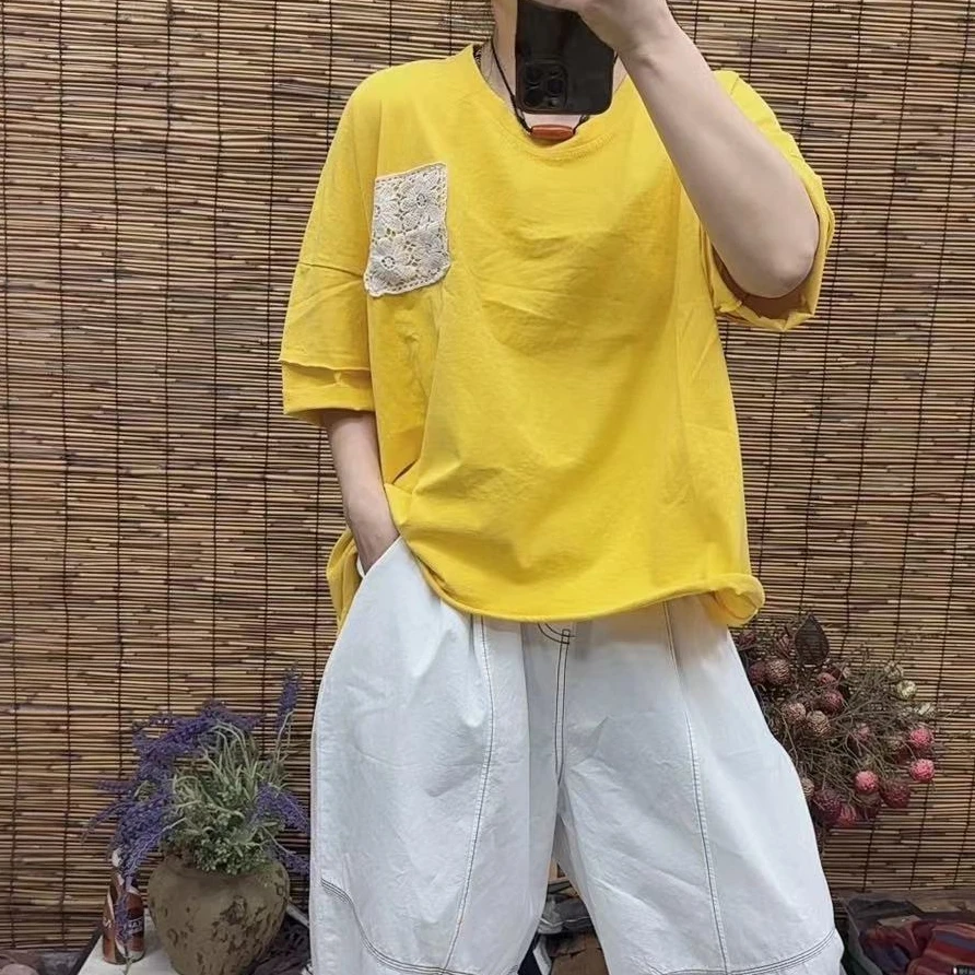 HY    勾花口袋净色T恤