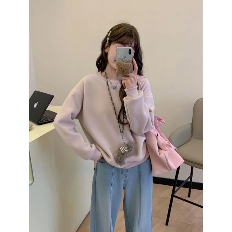 小雅姐姐 韩款刺绣小熊防风加绒加厚慵懒休闲圆领卫衣IK82