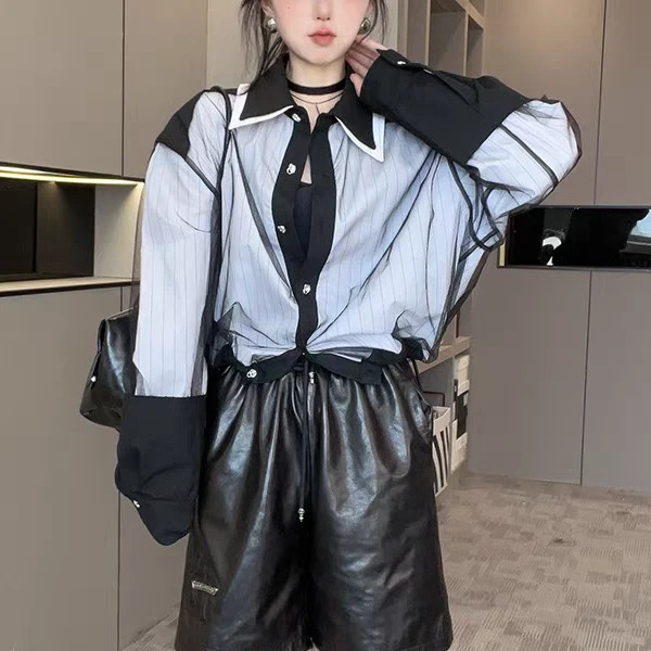 1601#蕾丝拼接撞色网纱长袖衬衫洋气显瘦百搭
