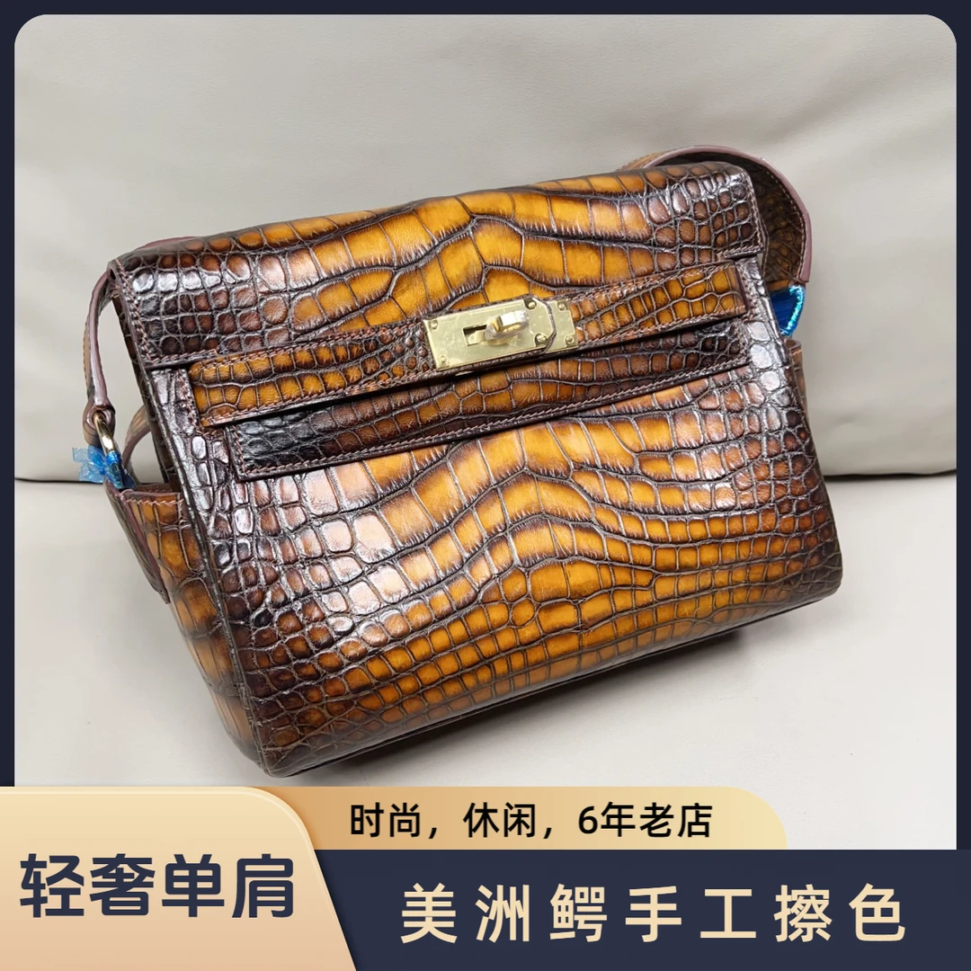 鳄鱼真皮男士单肩斜挎包轻奢时尚休闲经典百搭复古棕色斜跨包肩包