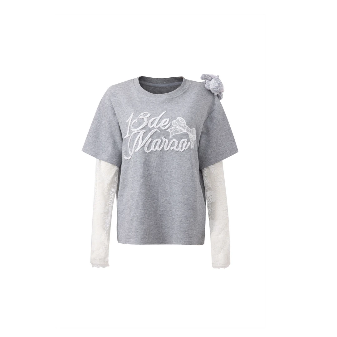 【肩趴小熊蕾丝拼袖】夏季女士手臂镂空蕾丝圆领修身甜美时尚T恤