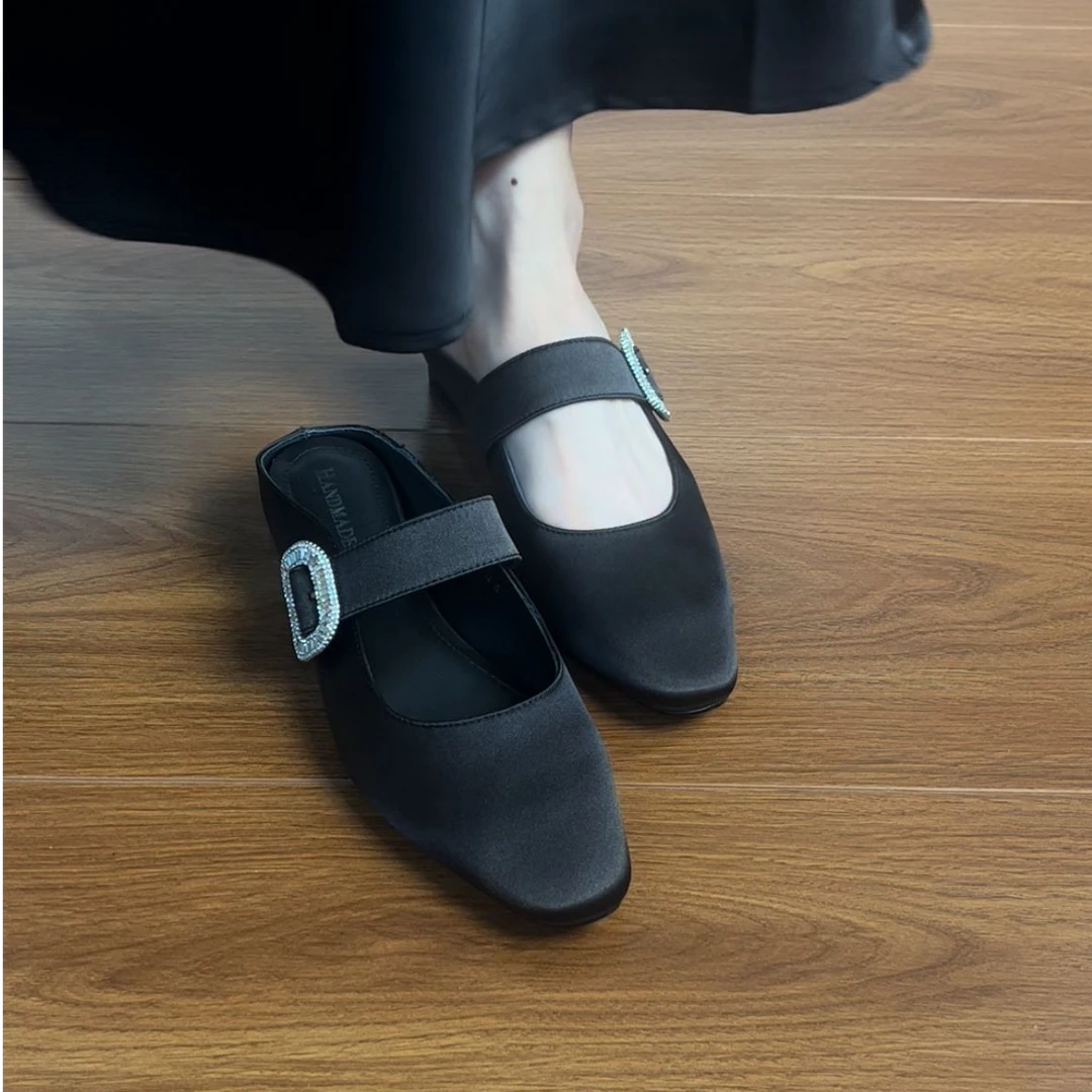 2.5CM牛皮版法式玛丽珍包头半拖鞋女夏季外穿一字带钻百搭轻奢鞋