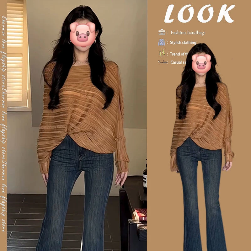 女2025新款设计感不规则慵懒落肩垂感上衣气质高腰显瘦百搭微喇裤