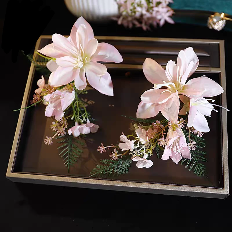 粉色仿真花新娘头饰旅拍演出宴会头饰对夹发饰化妆造型饰品