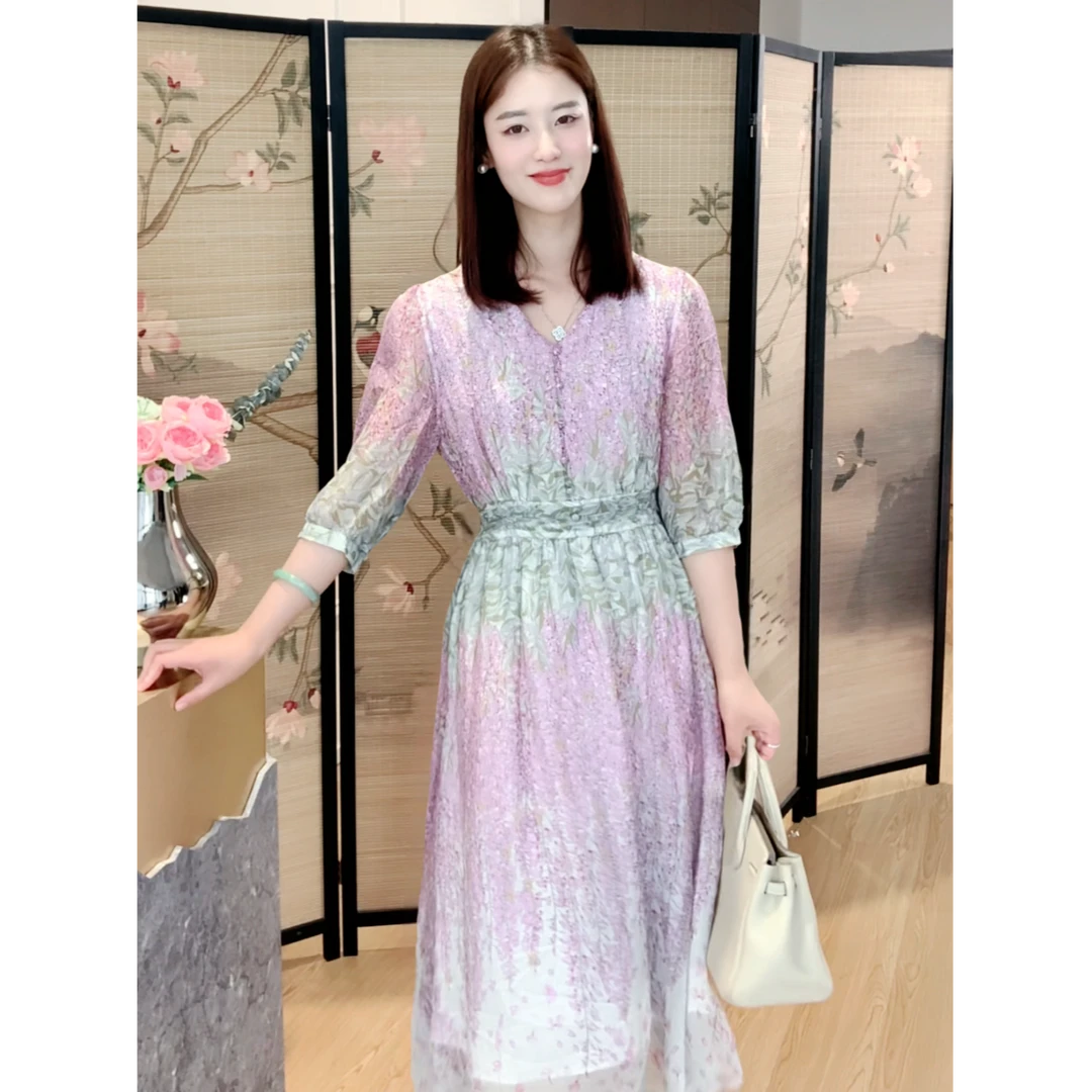 “520专享”桑蚕丝温柔碎花裙印花收腰A字波西米亚连衣裙KXSSS51006