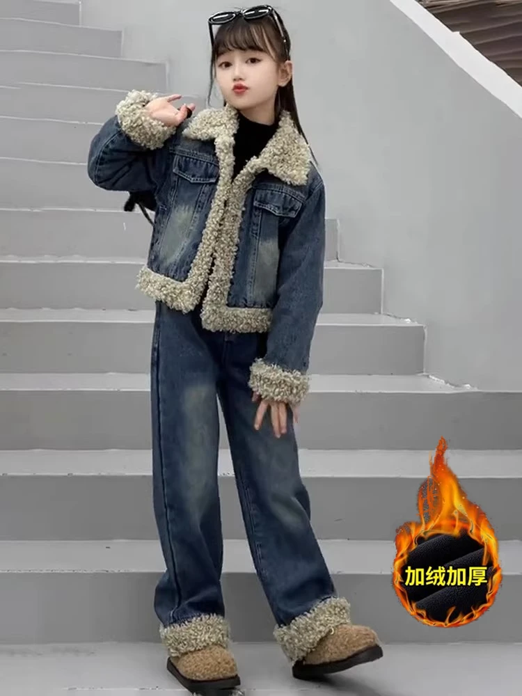 女童冬装加厚牛仔套装2025新款儿童时髦洋气女大童秋冬夹棉两件套
