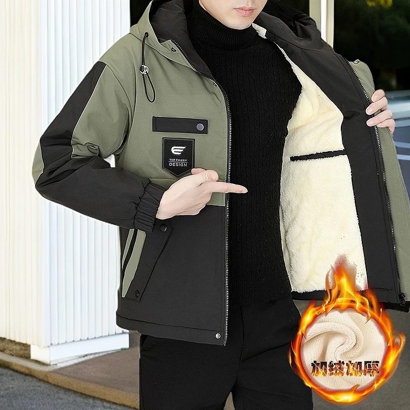 加绒加厚外套男士防寒棉服冬季连帽夹克潮流百搭青年加绒外套男款