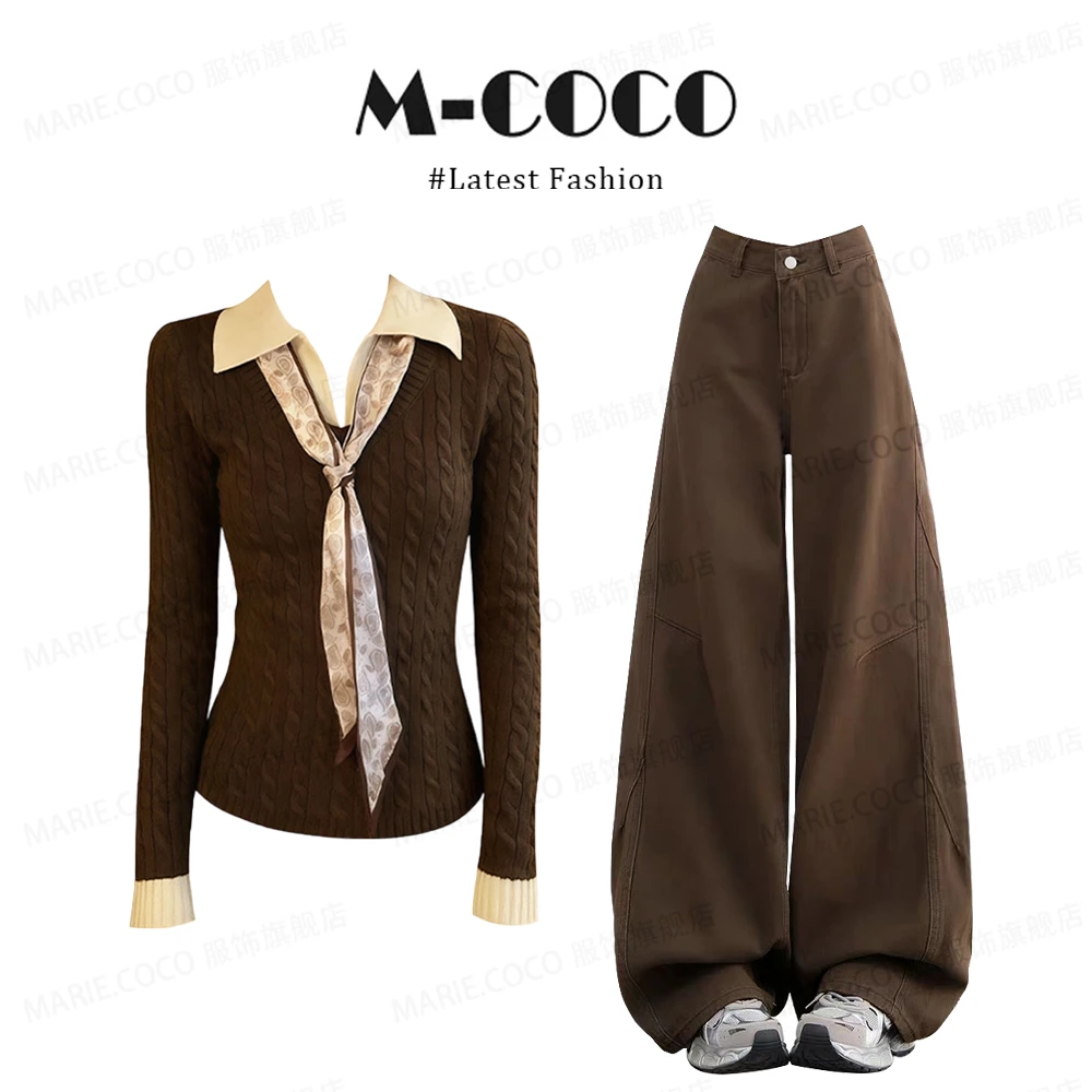 美拉德撞色翻领针织上衣搭配直筒牛仔裤秋冬两件套装