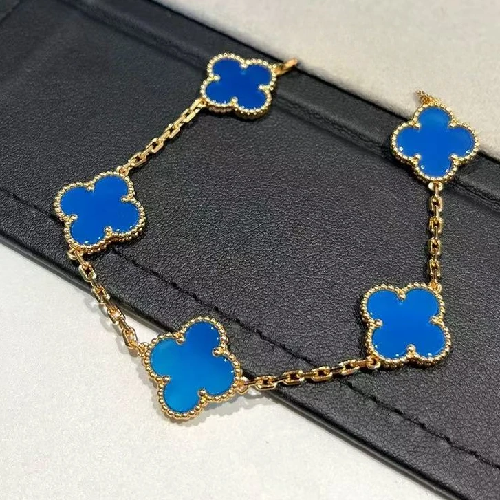 足银手链 足银手链 蓝色四叶草手链时尚双面轻奢风显白彩色经典