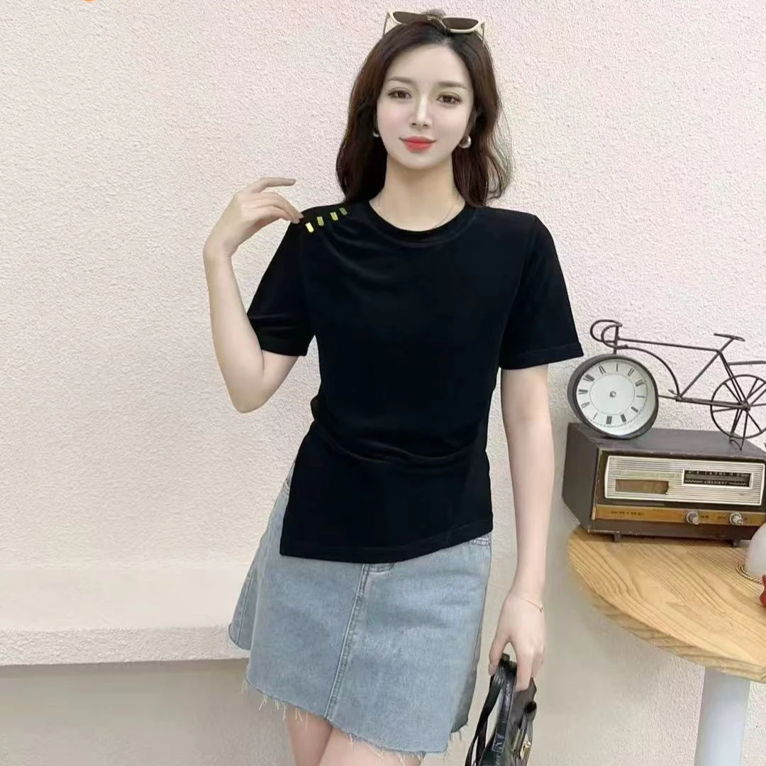 【锦衣服饰】STSZ 3229韩系显瘦肩金扣侧开叉圆领短袖T