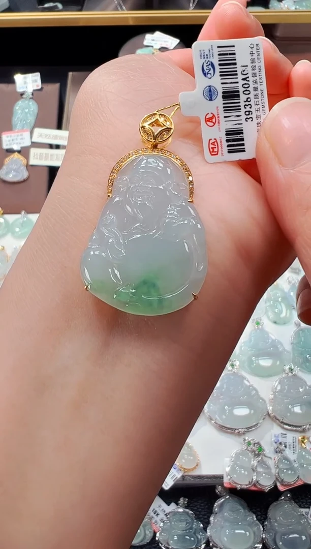 【闪购商品】翡翠吊坠(不含链)18K金镶嵌财神爷吊坠A01