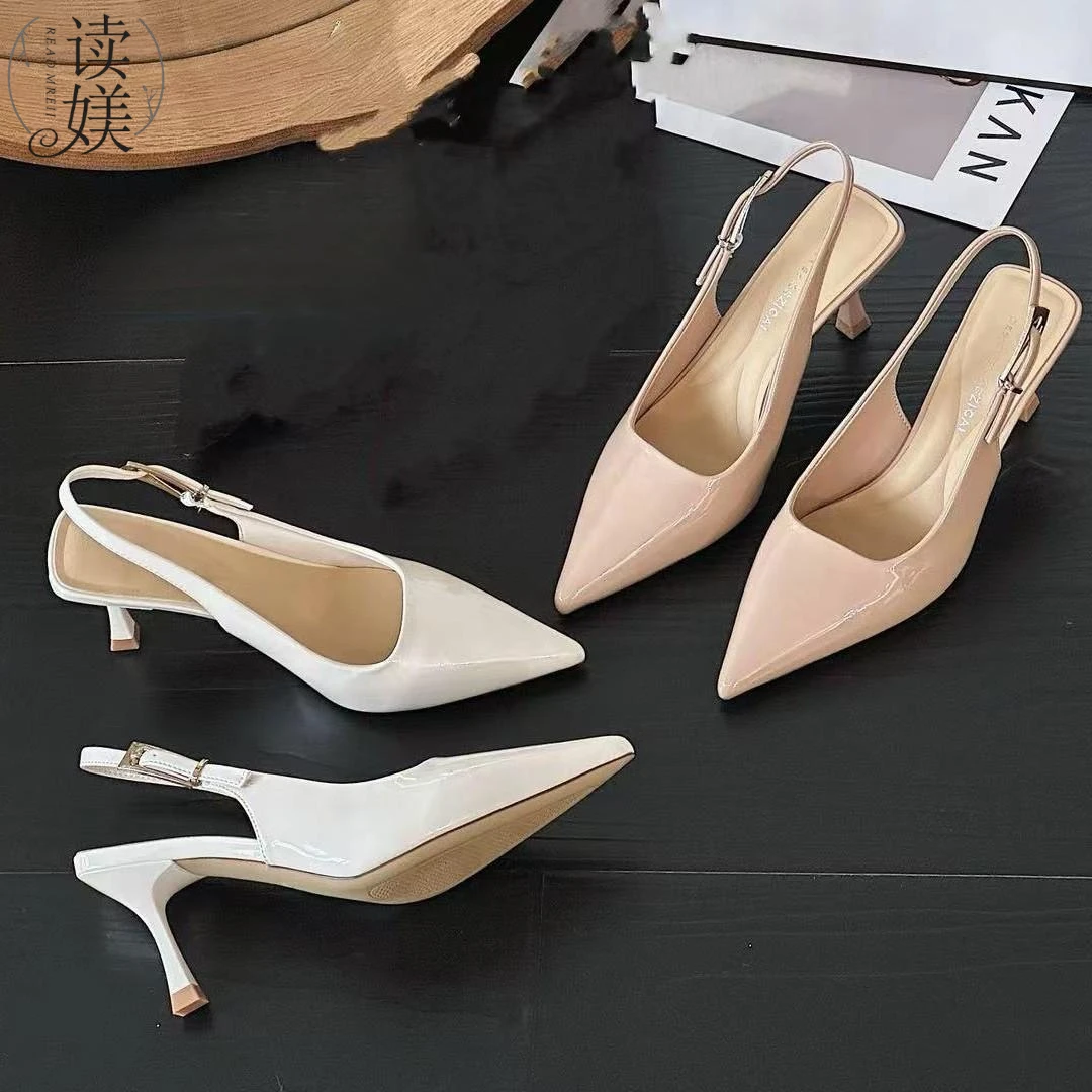 读媄*大姚家【小金条】5.5cm裸色高跟鞋细跟漆皮尖头后空凉鞋68279