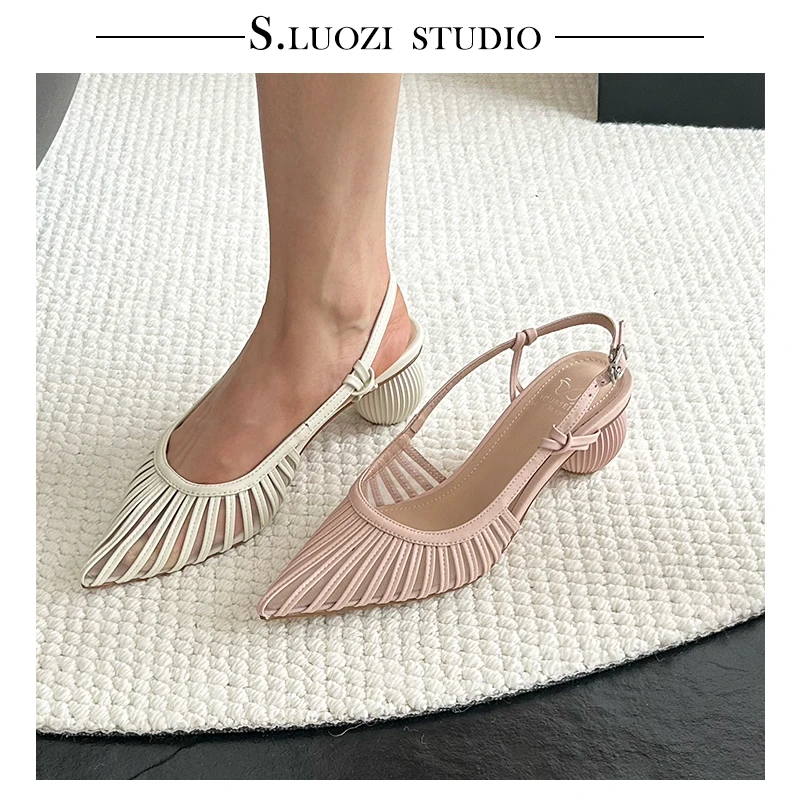 诗罗姿2025高跟包头凉鞋镂空时装凉鞋细跟百搭浅口法式一字带中跟