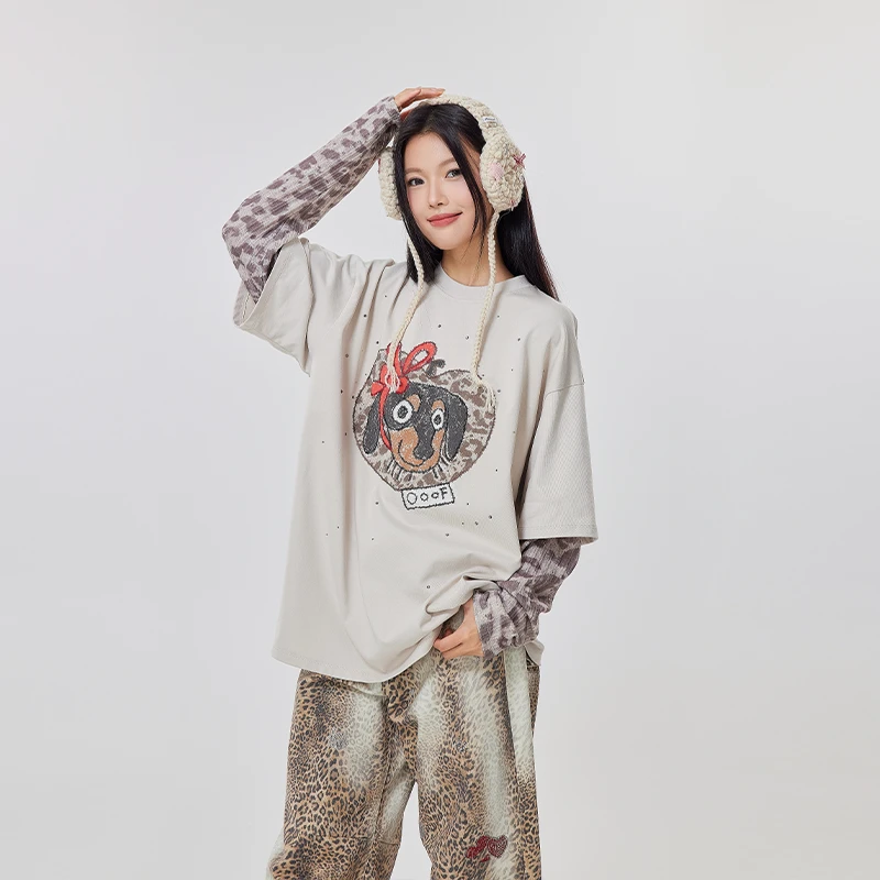 河岸家买手店OooFYang蝴蝶结小狗印花假两件豹纹T恤女25秋冬新款