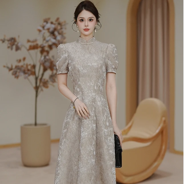 【现货】气质优雅轻奢国风盘扣提花显瘦连衣裙