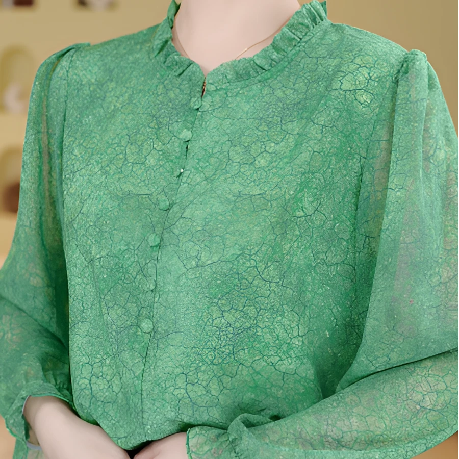 杭州专柜 新款简约圆领通勤浅绿色龟裂纹衬衫女ZF-S016