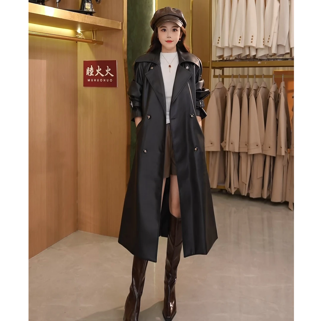 黑色pu皮风衣外套女长款2025秋冬新款高级感宽松收腰休闲气质大衣