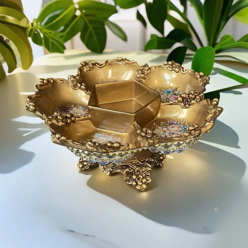 【格桑花系列】欧式轻奢复古六格旋转果盘过年过节糖果坚果旋转果篓