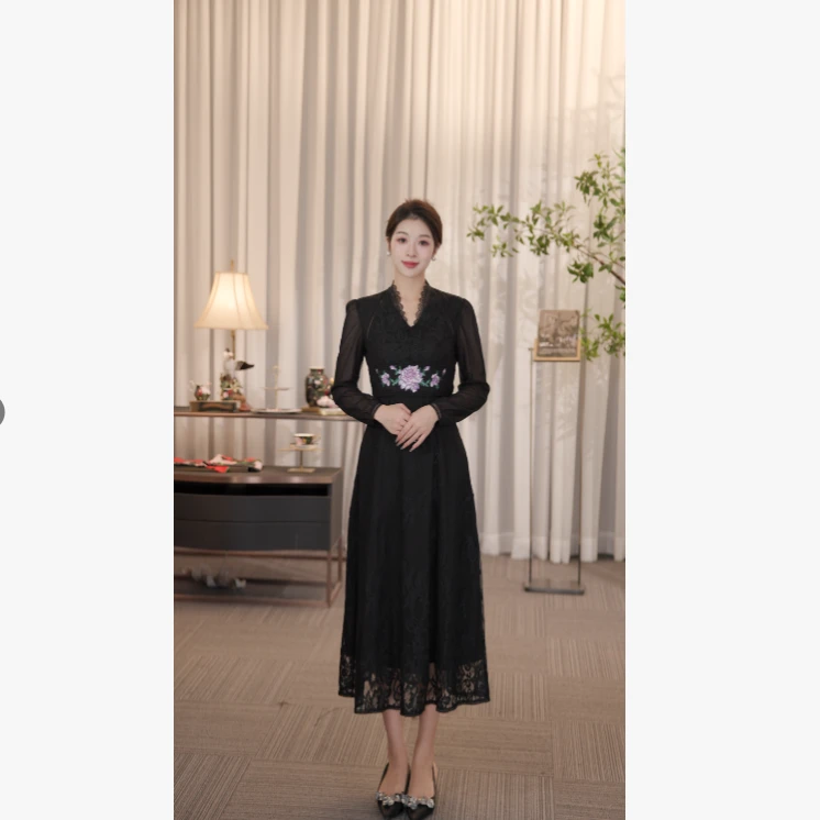 SUSSI古色丨“紫蕊黑衣”收腰气质黑色蕾丝中长款连衣裙