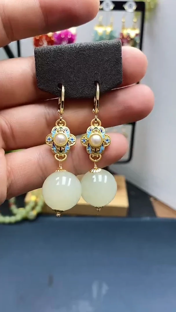 和田玉银S925镀金镶嵌耳饰尺寸16mm耳扣A2