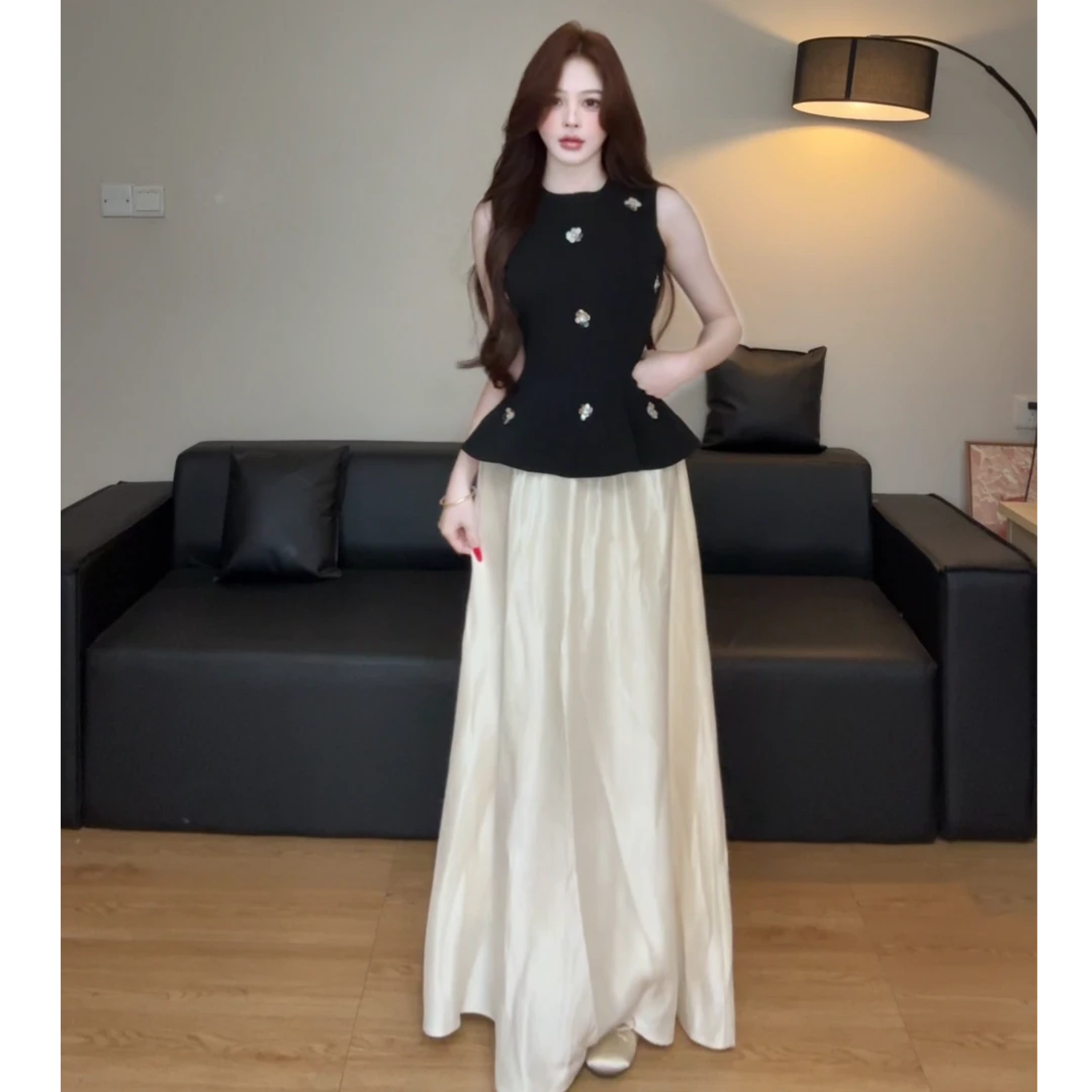 白羊专属法式纯欲钉珠无袖背心收腰显瘦高腰半身裙气质两件套女装