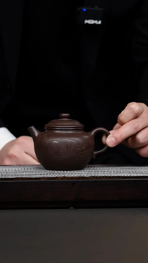 茶壶紫砂老紫泥刻绘圈钮