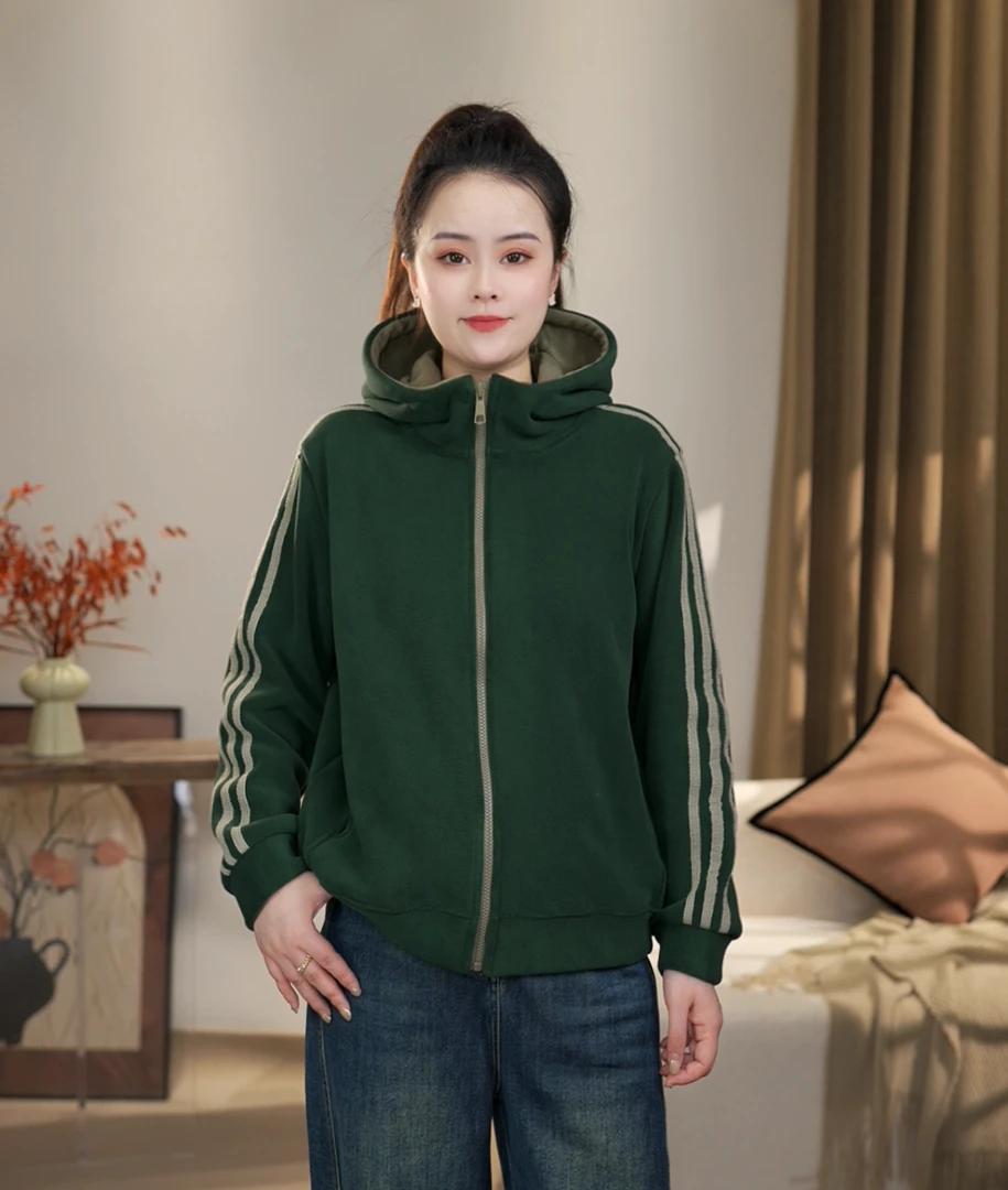 【沐沐】秋季新款时尚拼接女连帽长袖外套运动开衫加绒加厚外套带帽