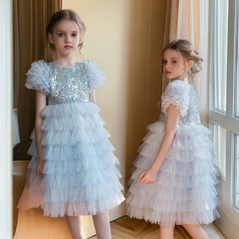 艾莎公主裙女童2025新款女孩蛋糕裙洋气生日亮片礼服裙儿童连衣裙