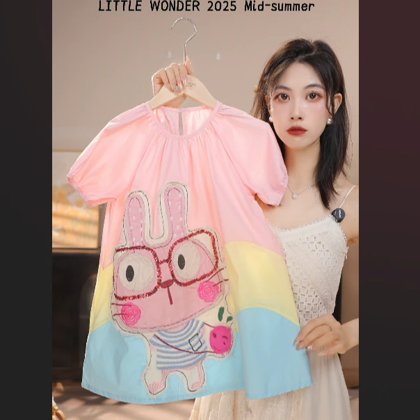 MOMOCO夏季2025女童甜美撞色宽松可爱卡通棉布连衣裙77620476026