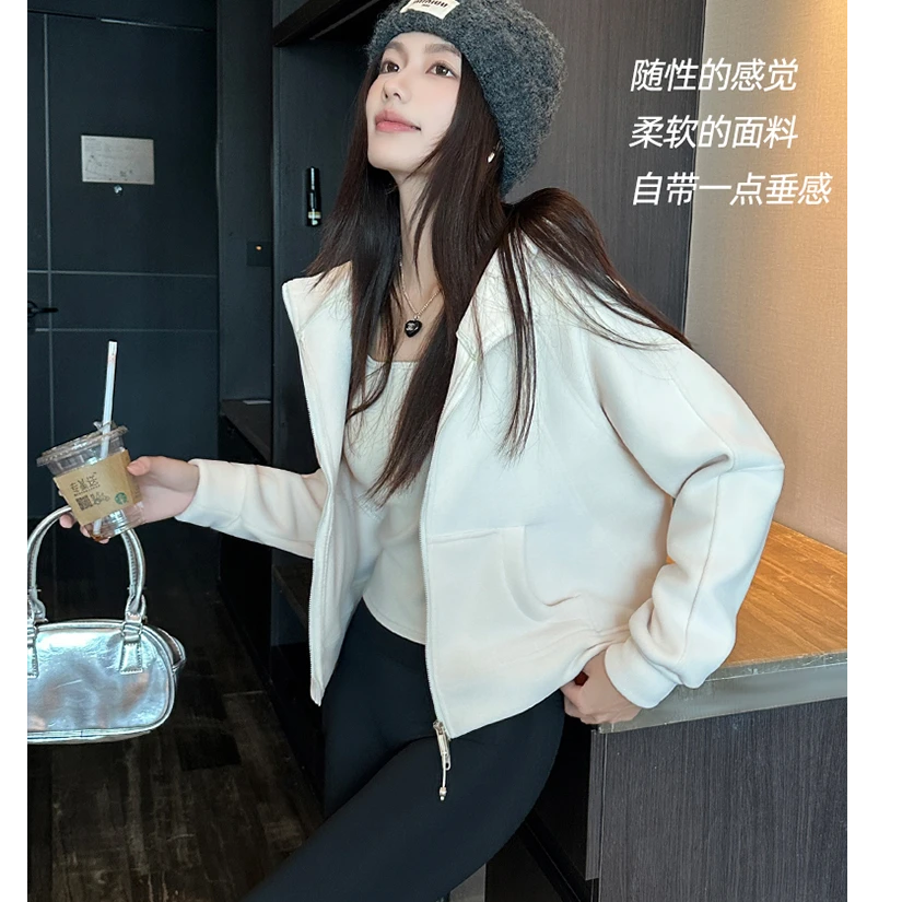 修身奥粒摇粒绒卫衣女2025秋冬季连帽开衫上衣保暖外套
