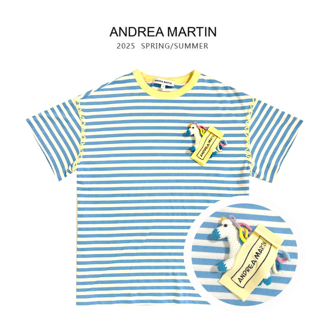 Andrea Martin 2025新款条纹撞色手工钩针T恤