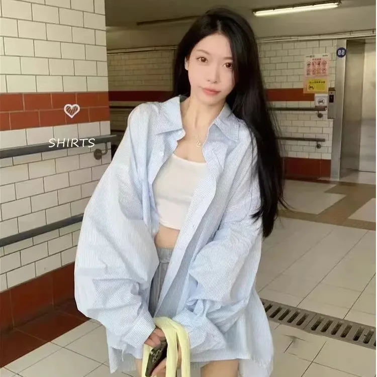 【原版现货】【免运费】【四色】早春长袖防晒条纹衬衫女宽松大版型
