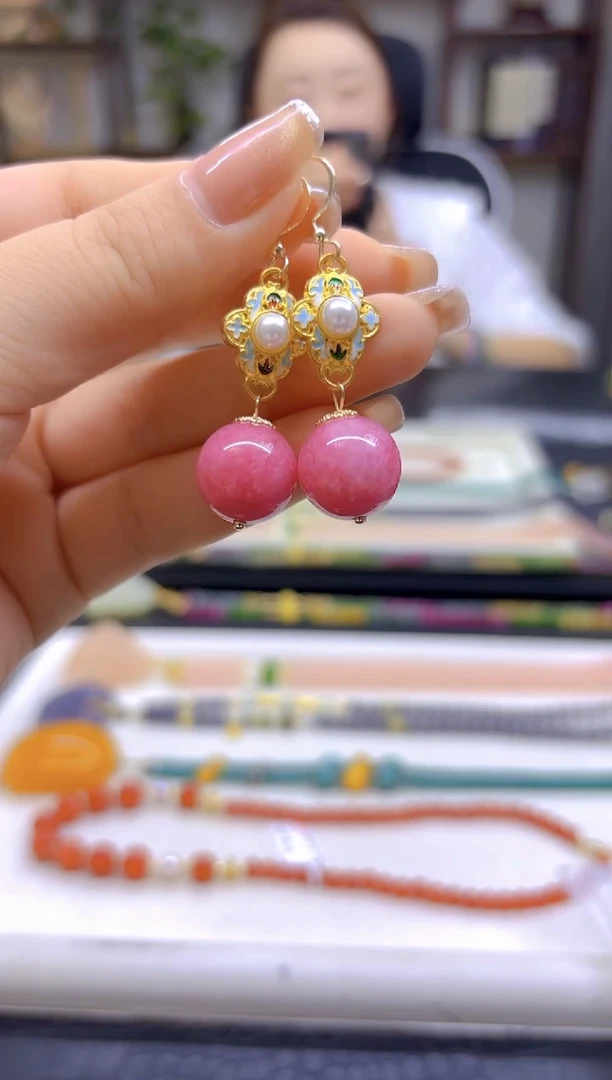 菱锰矿（红纹石）14K金镶嵌耳饰DIY款E798