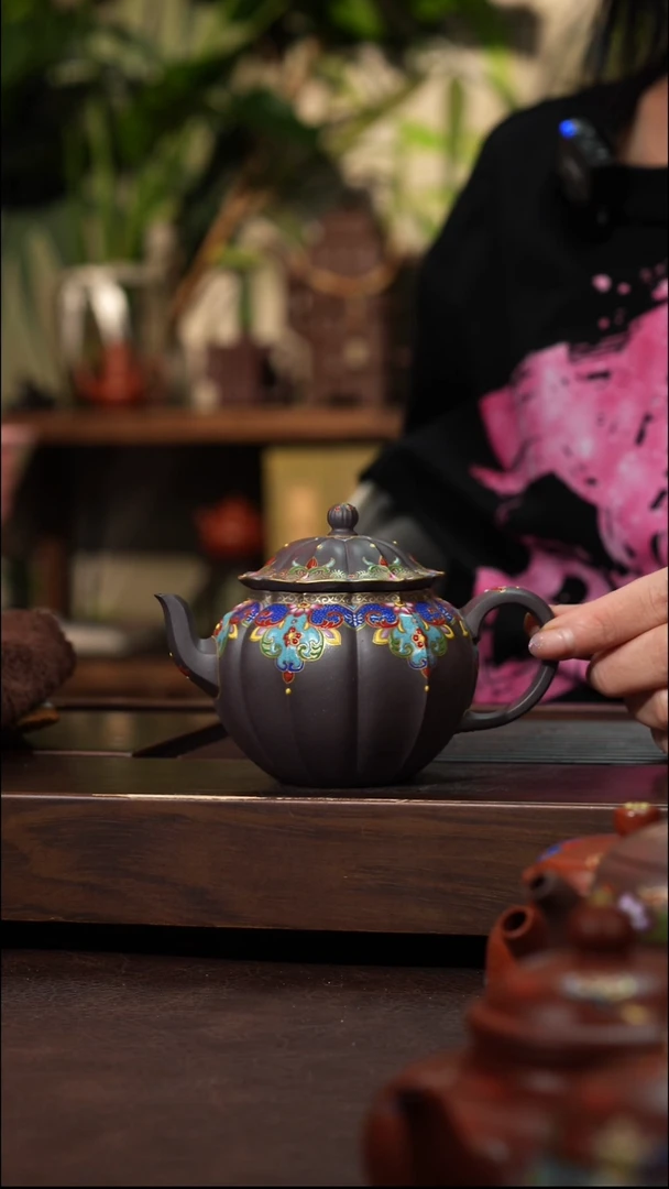 茶壶紫砂天青珐琅彩经纹