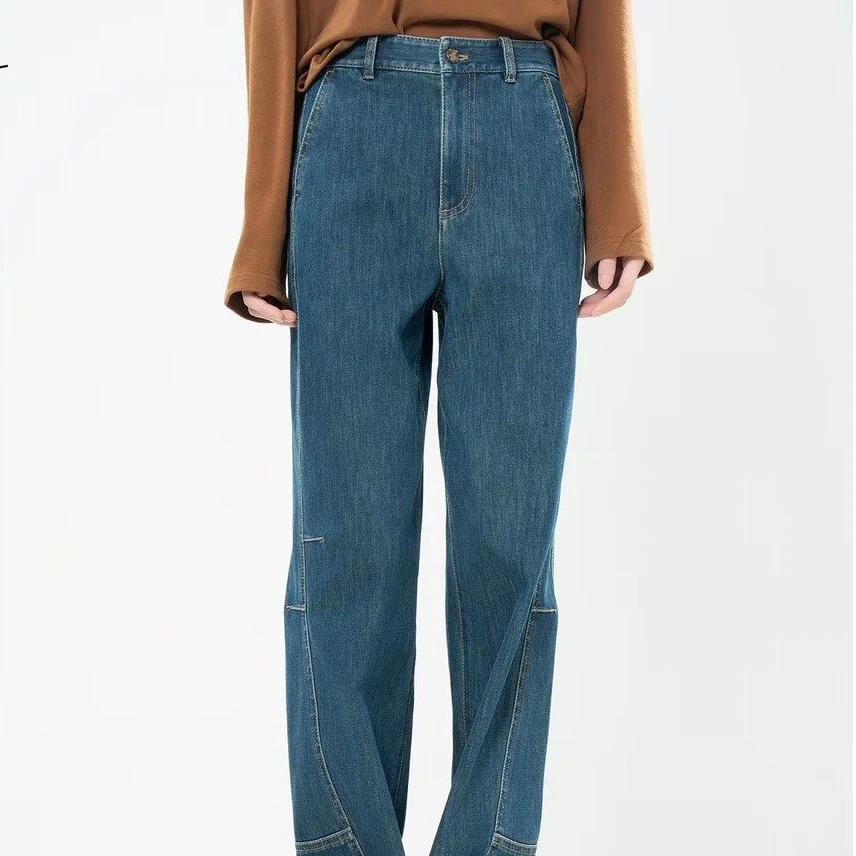 职业阿玛诗官2026早春新款高腰弹力牛仔裤女款工装直筒小弯刀长裤