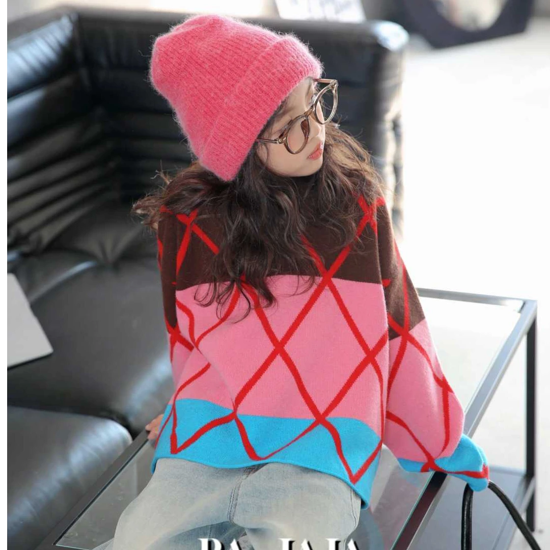 木瓜汁冬款59021中大童女童韩版拼色提花针织套头衫毛衣