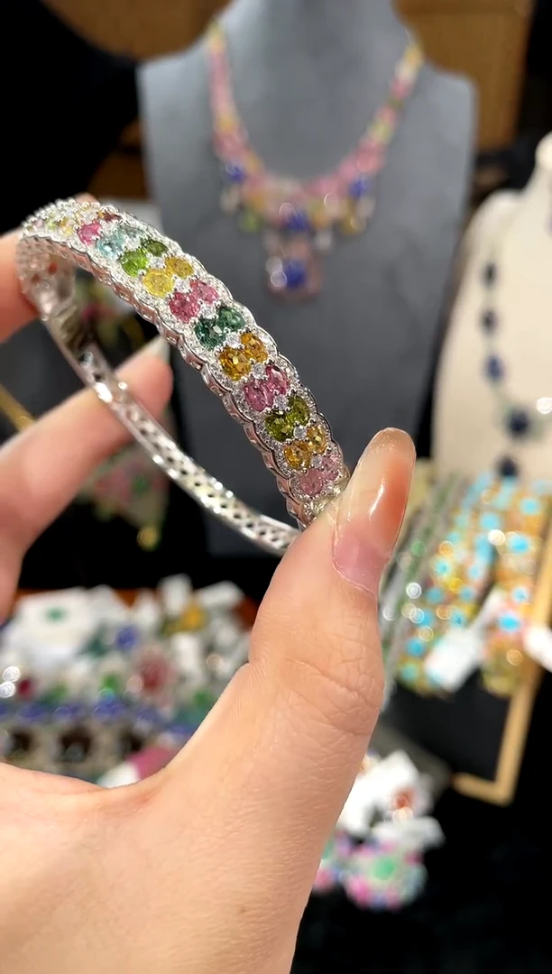 碧玺手镯银S925镶嵌手镯