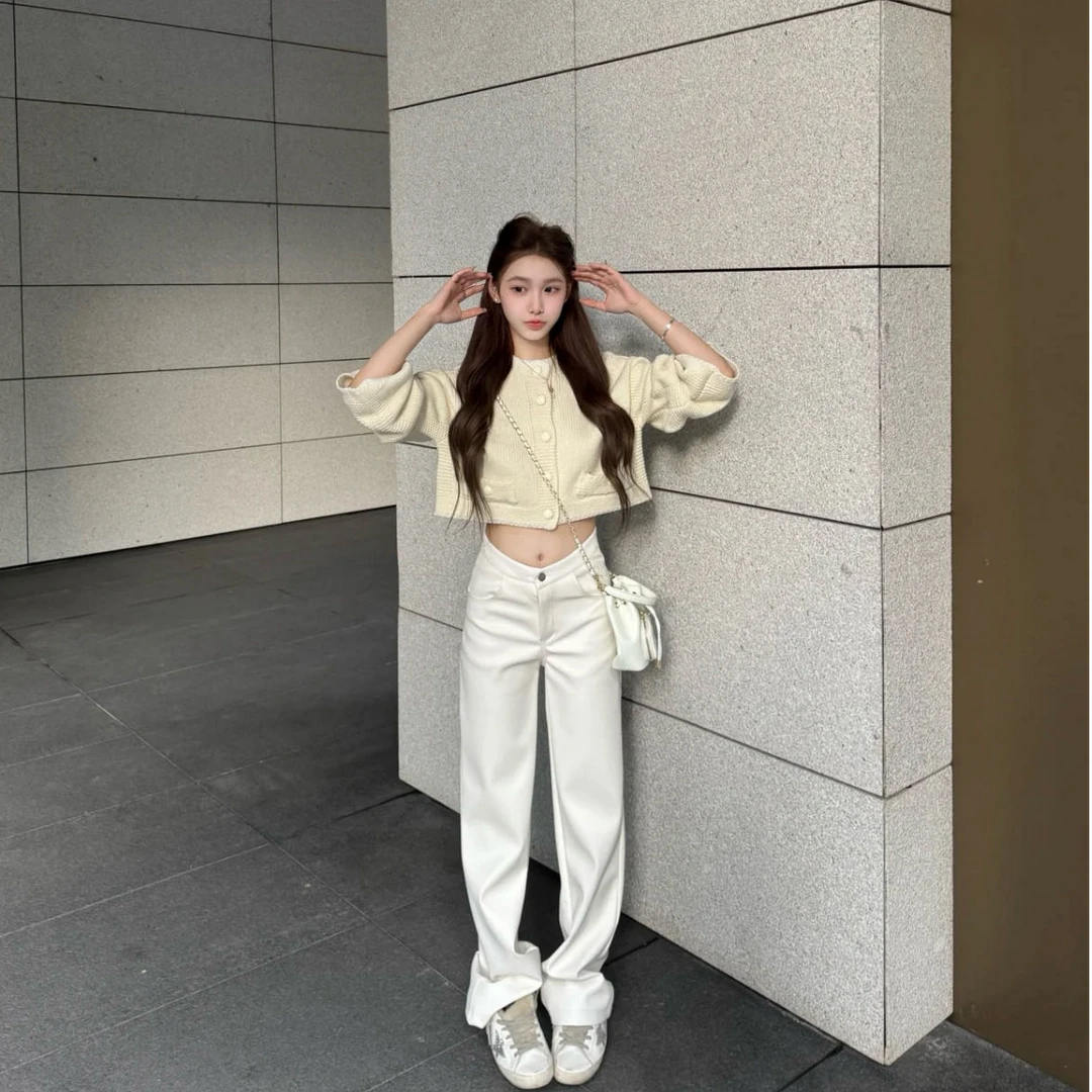 简约气质显瘦长袖针织上衣洋气休闲百搭性感辣妹宽松长裤时尚套装